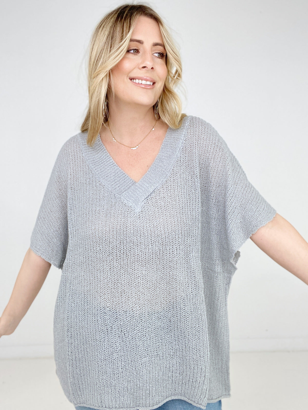 Oversized V-Neck Sheer Knit Top