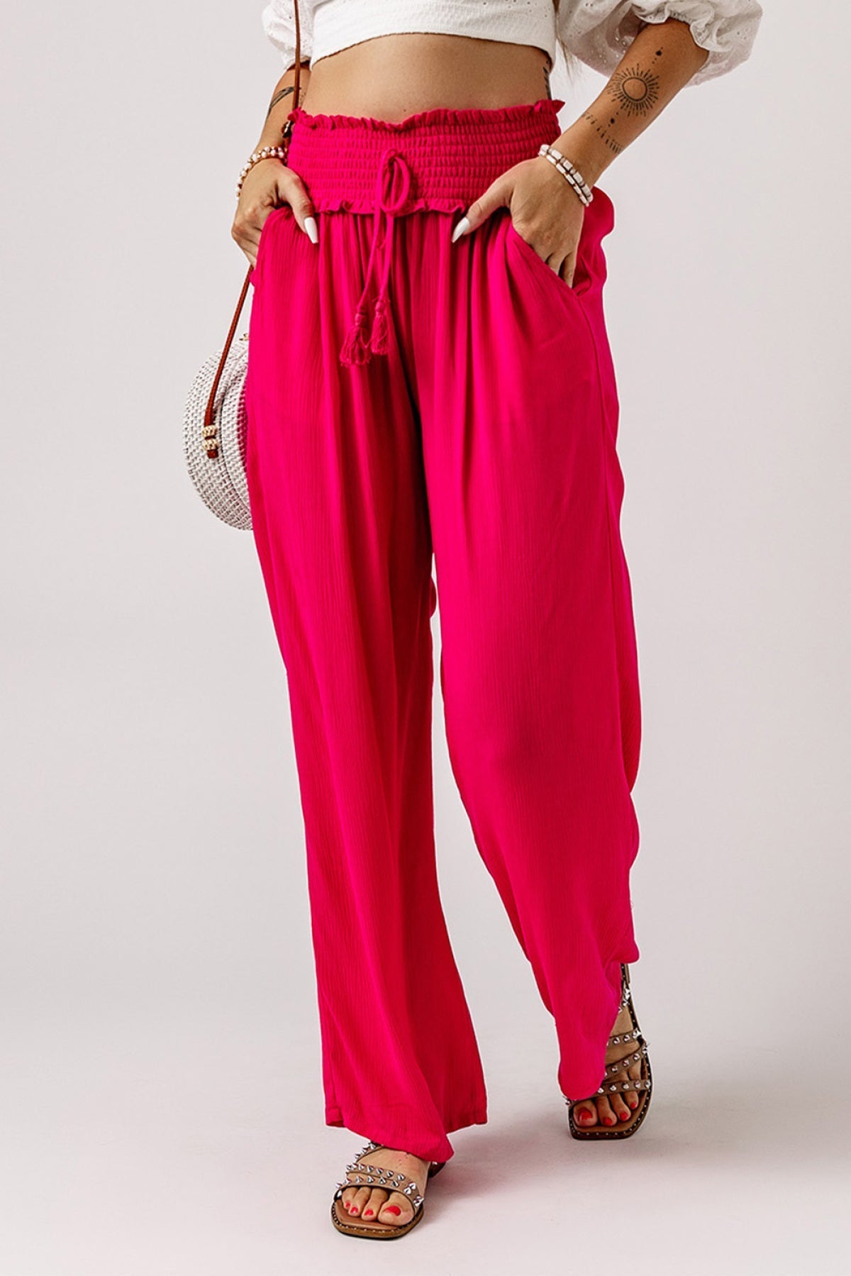 Smocked Elastic Waist Wide Leg Pants