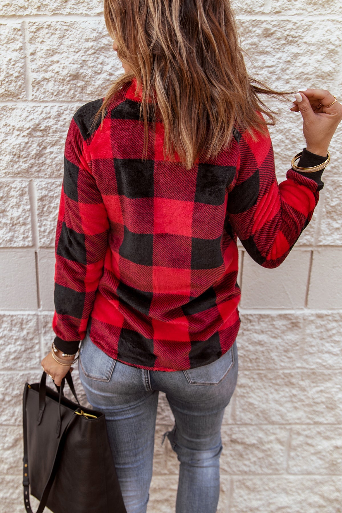 Red Long Sleeve Plaid Paneled Sweatshirt