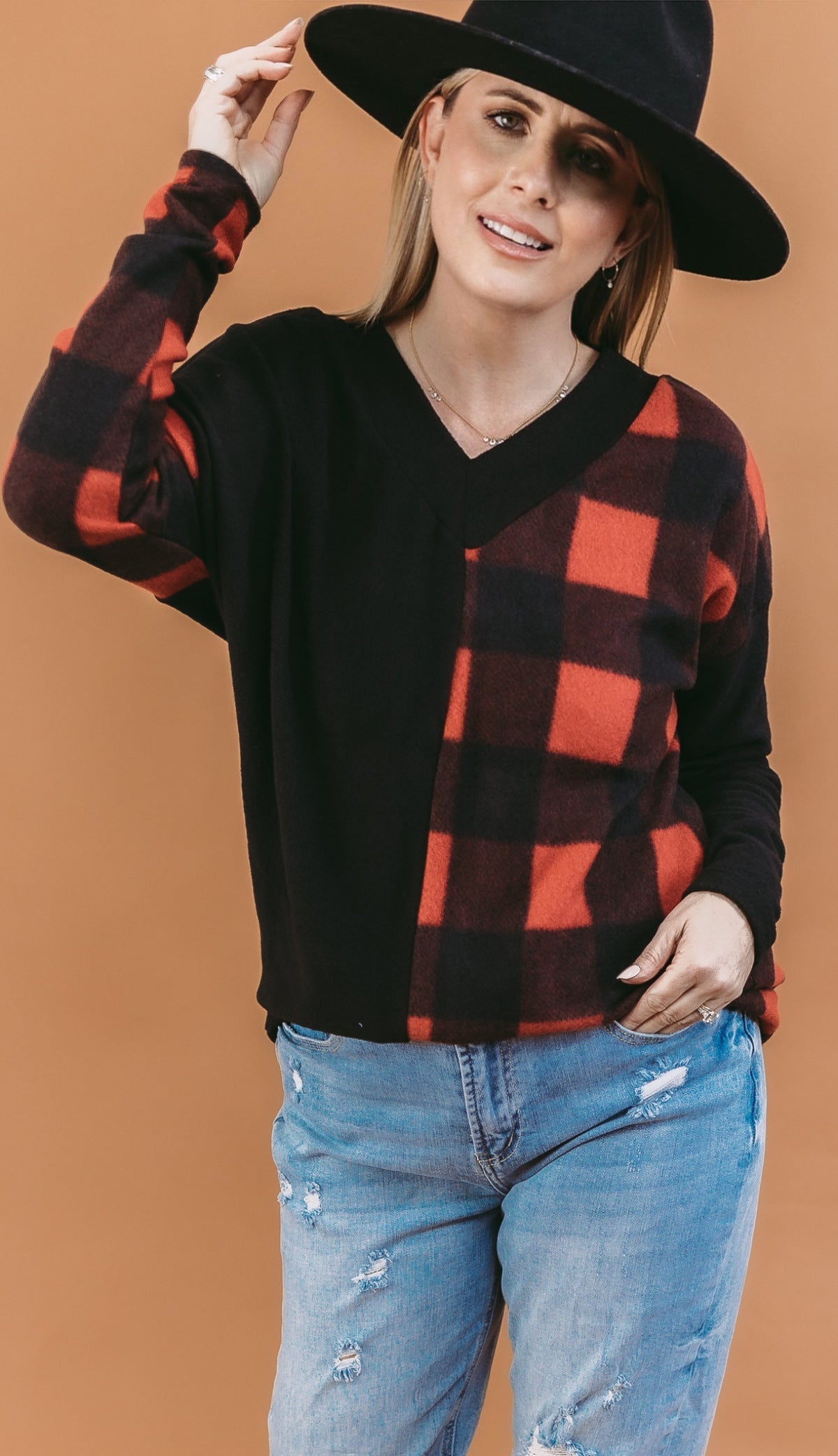 White Birch Long Sleeve Buffalo Plaid Brushed Knit Top