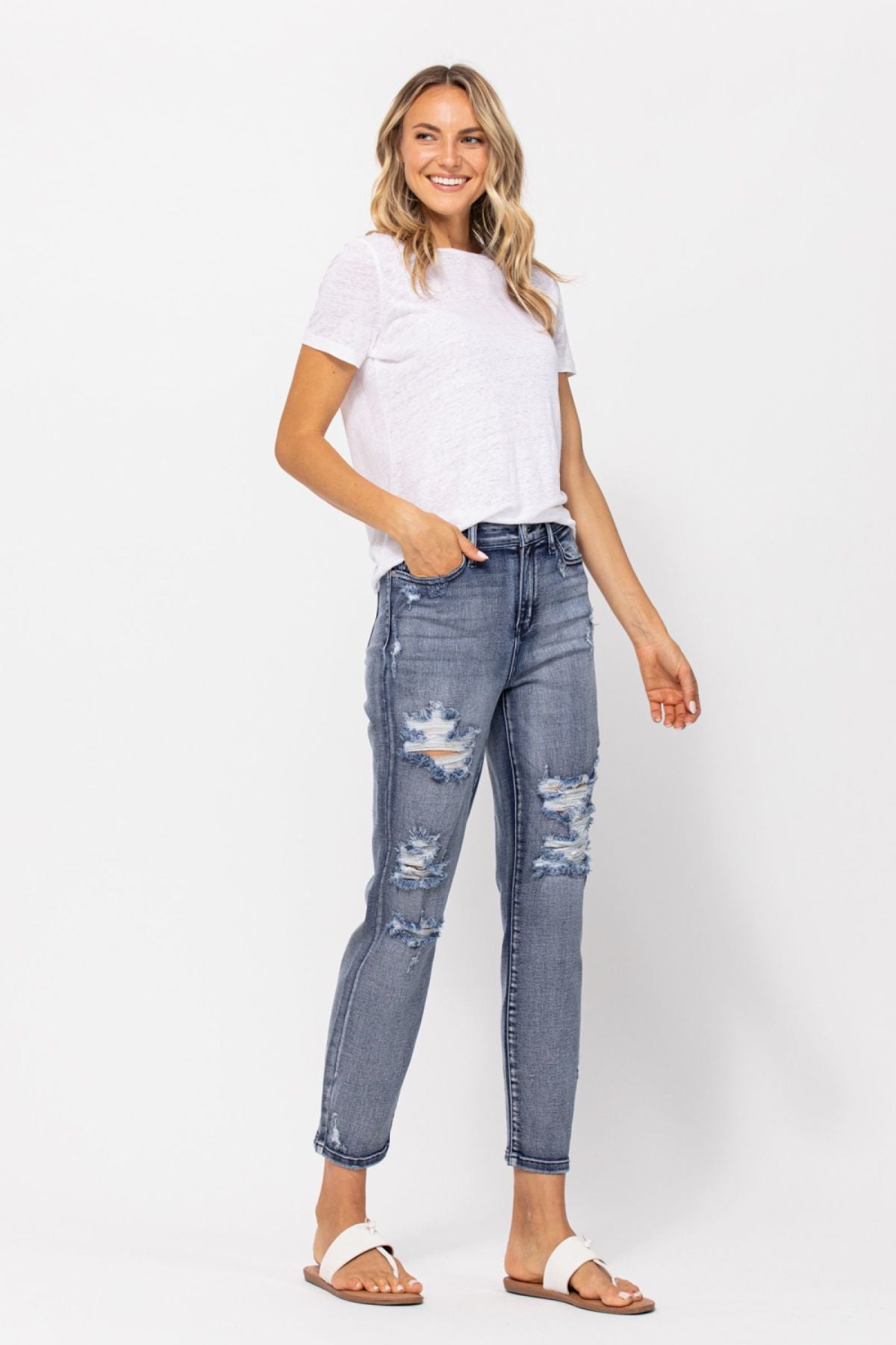 Judy Blue Mid-Rise Destroyed Boyfriend Jeans