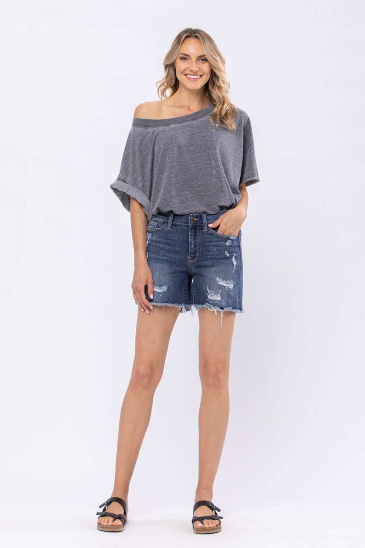 Judy Blue Mid-Rise Bleach Splash Destroyed Raw Hem Denim Shorts