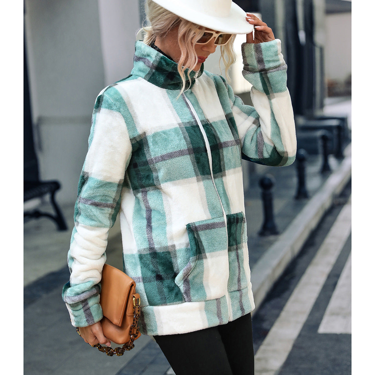 Zipper Front Plaid Print Jacket