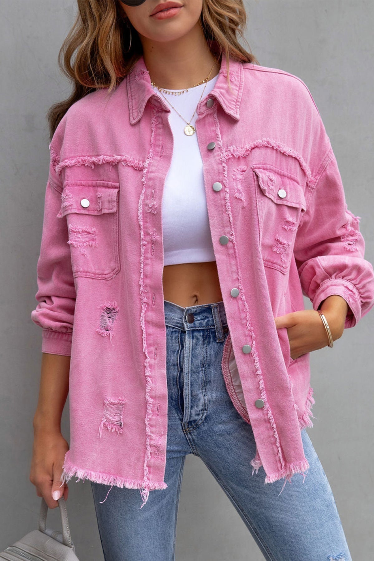 Pink Distressed Flap Pockets Raw Edge Denim Shacket