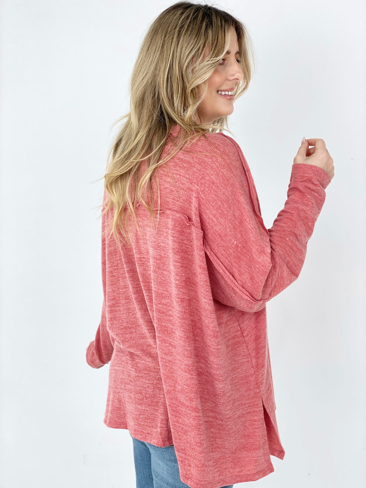 Easel "Easy Breezy V-Neck" Solid Long Sleeve Oversized Top