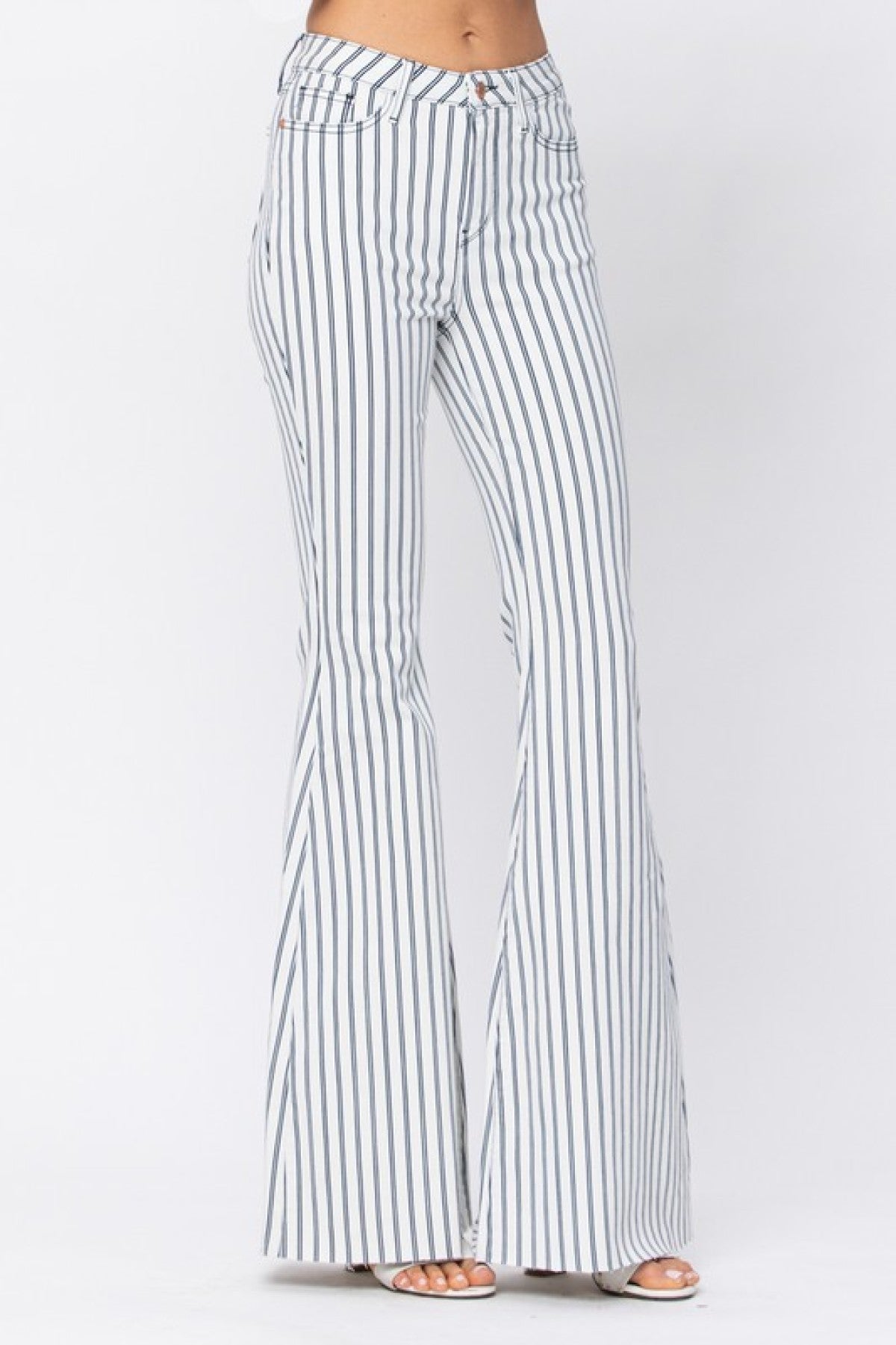 Judy Blue High Waist Super Flare White Pin Stripe Jeans