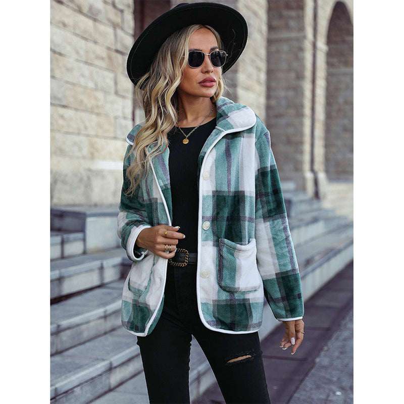 Collared Plaid Button Up Fleece Jacket