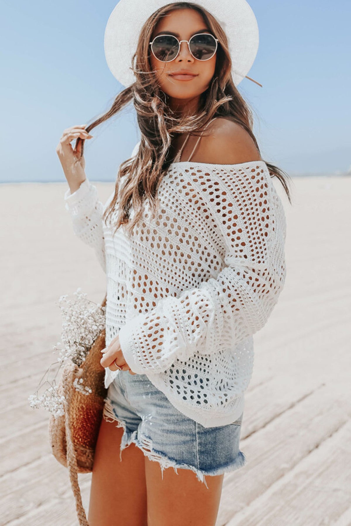 White Hollow Out Crochet V Neck Pullover Sweater