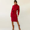 Solid Color Turtleneck Belted Sweater Dress