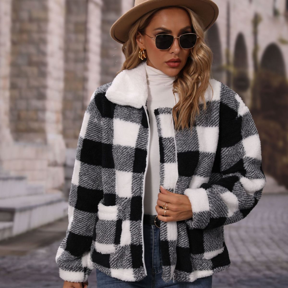 Collared Black and White Plaid Polar Fleece Jacket