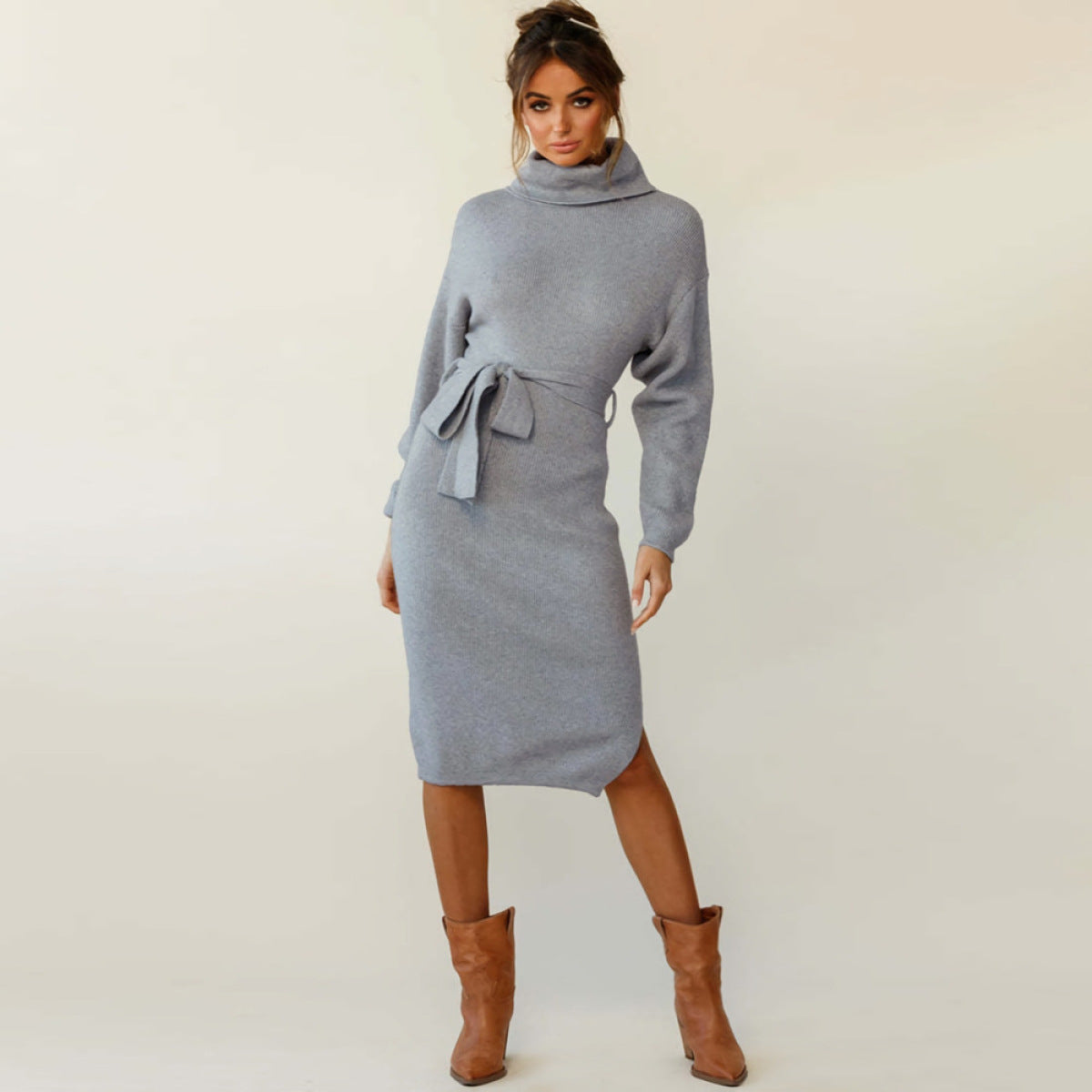 Solid Color Turtleneck Belted Sweater Dress