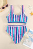 Striped Print U Neck Mid Waist Bikini Swimsuit