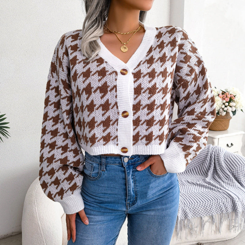 V-Neck Button Up Houndstooth Short Cardigan