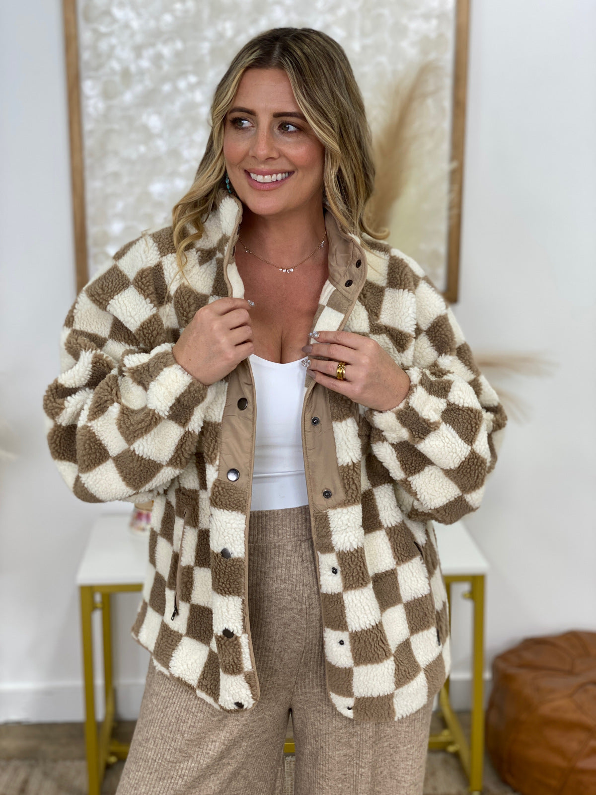 Easel Checkered Teddy Fur Jacket