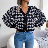 V-Neck Button Up Houndstooth Short Cardigan