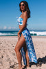 Sky Blue Tropical Ruffle Bikini High Waisted Swimsuit With Sarong