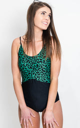 green leopard colorblock one piece swimsuit