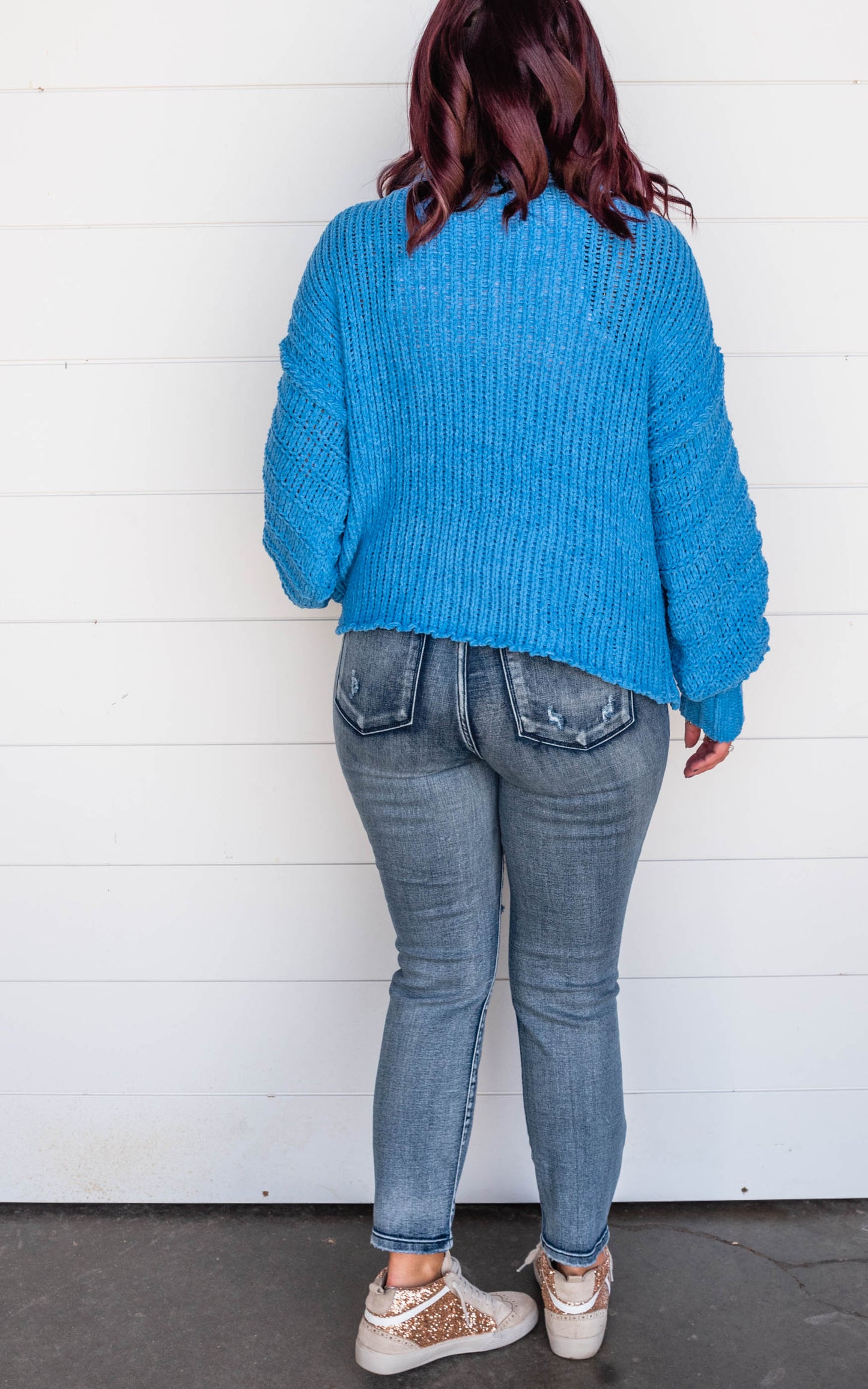 blue cowl neck sweater 