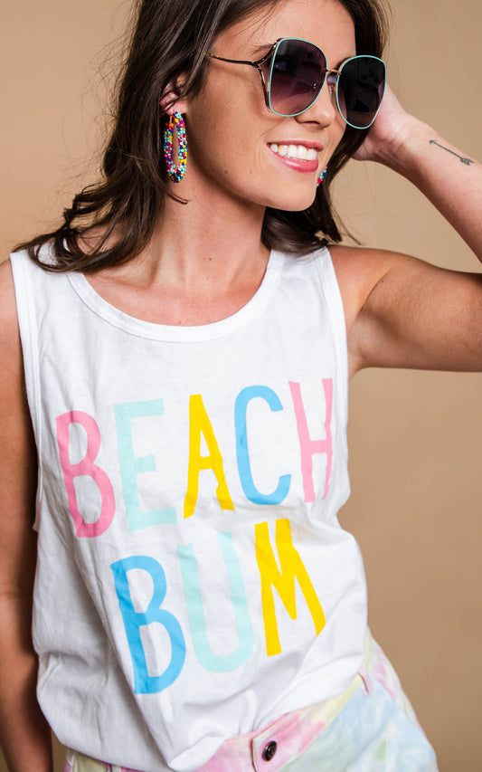 Rainbow Beach Bum Muscle Tank Top - White - BAD HABIT BOUTIQUE 