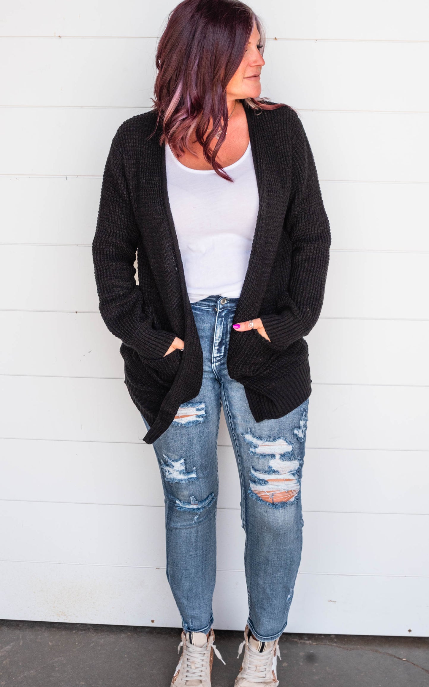 black waffle cardigan 