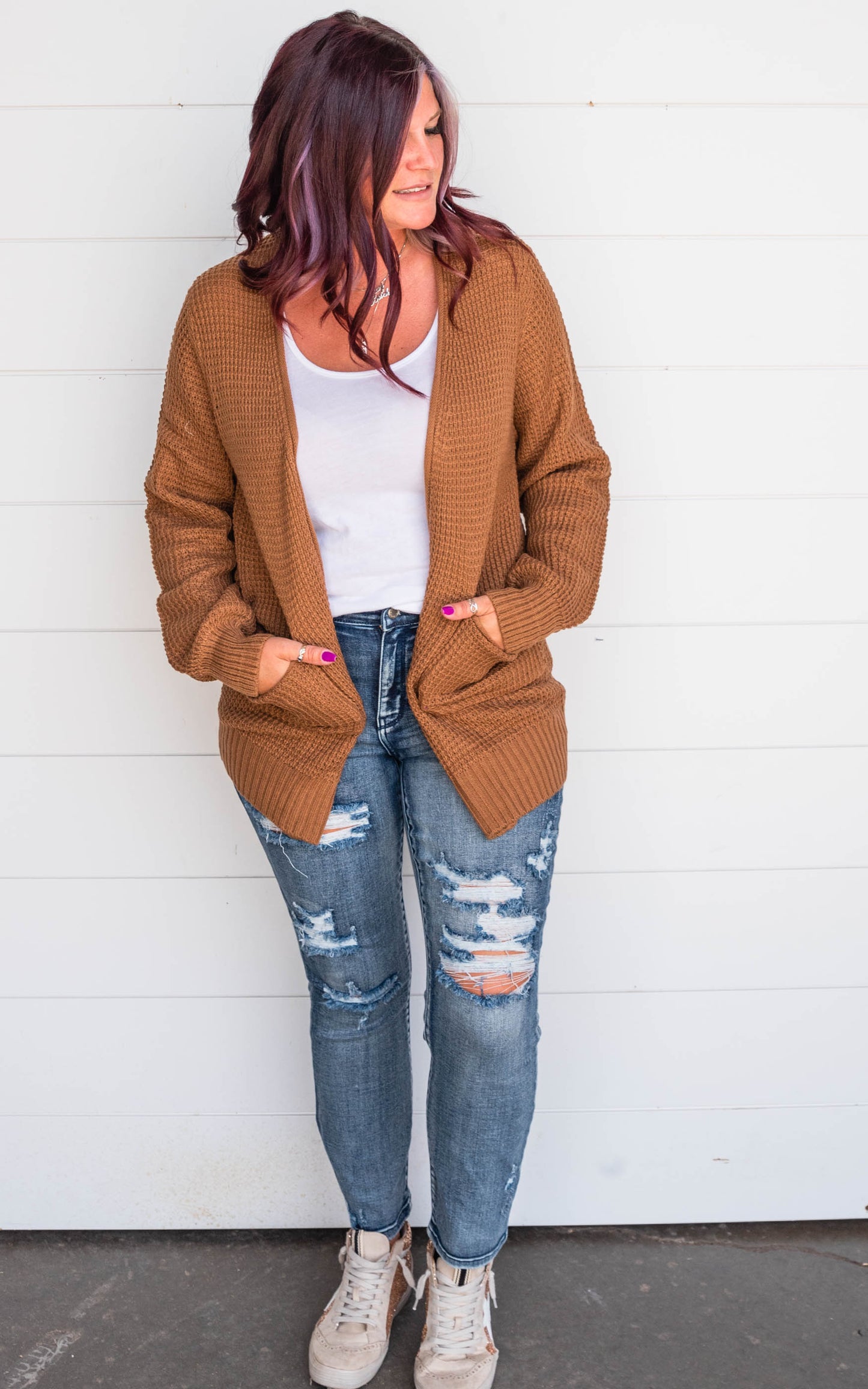 camel waffle knit cardigan 