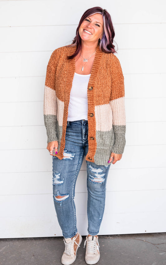 camel colorblock cardigan 