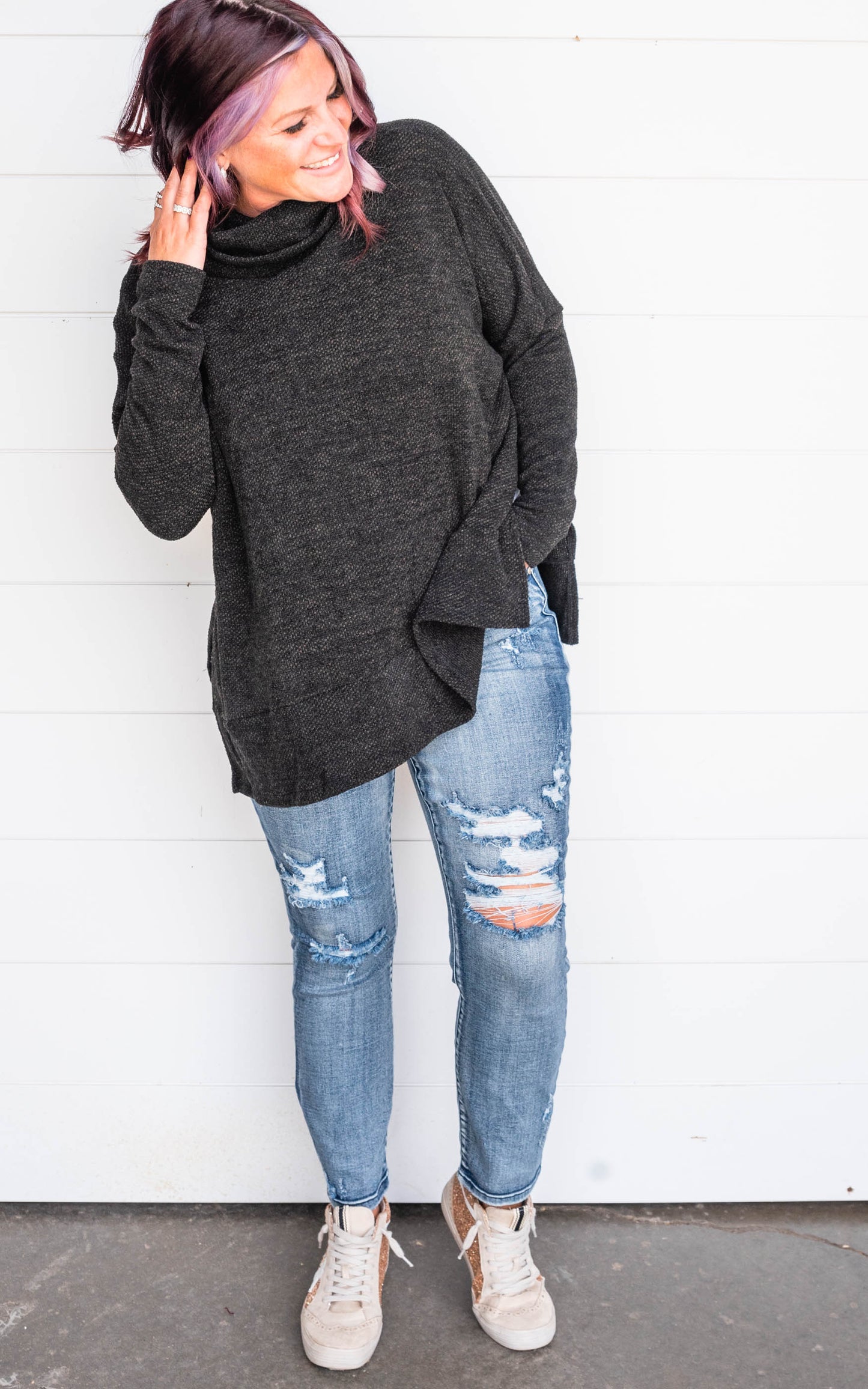 black cowl neck top 