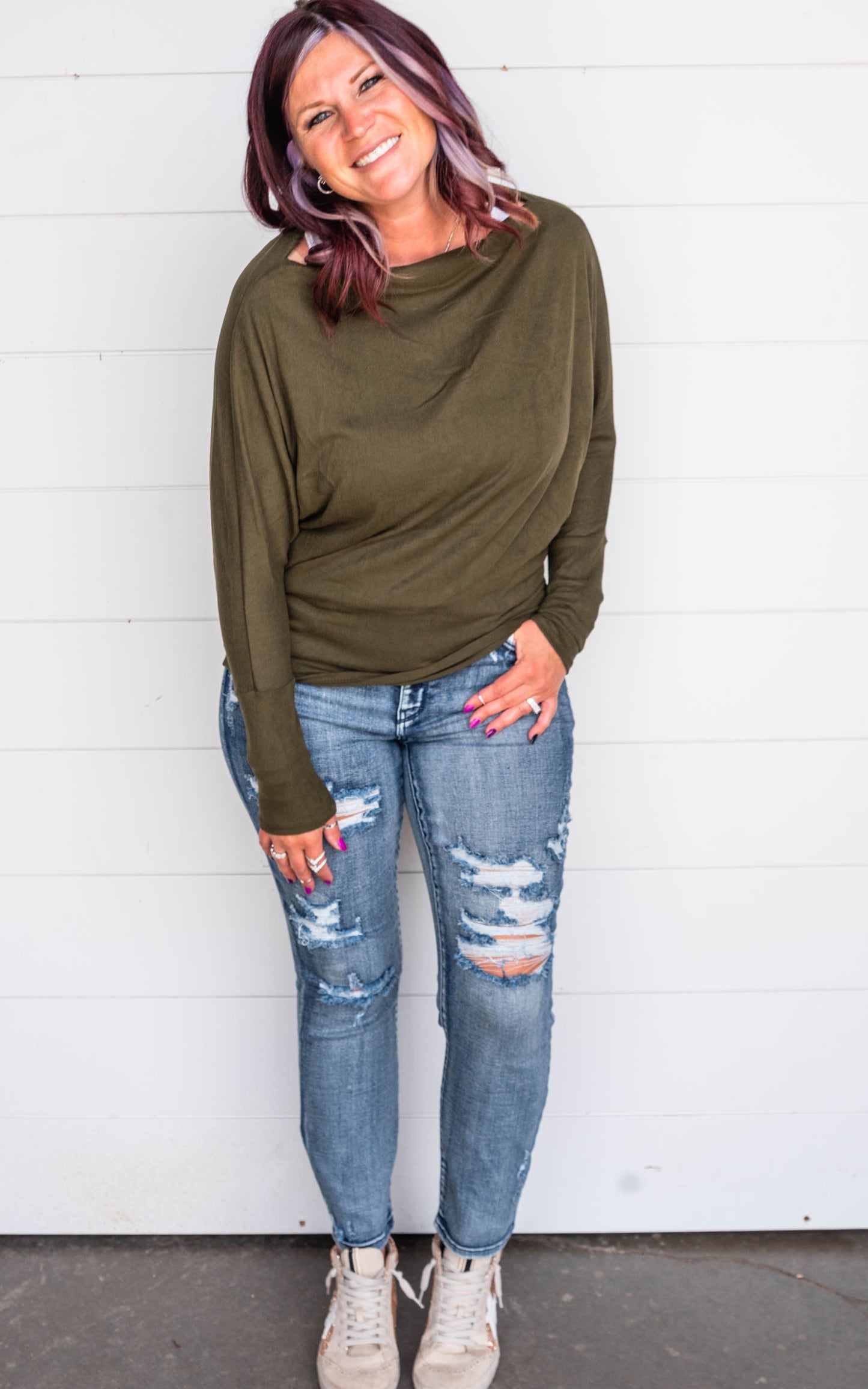 olive boat neck top 