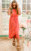 DEEP CORAL BELTED SHORT SLEEVE TULIP DRESS