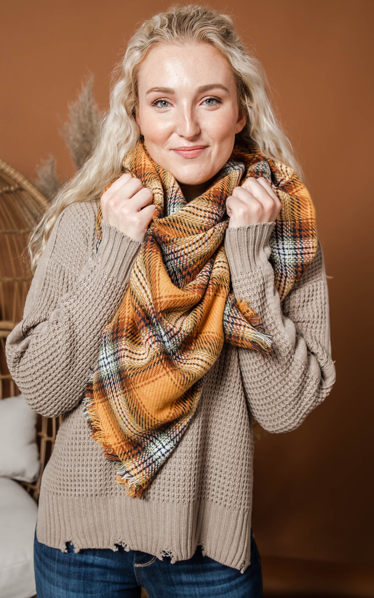 mustard rust plaid blanket scarf