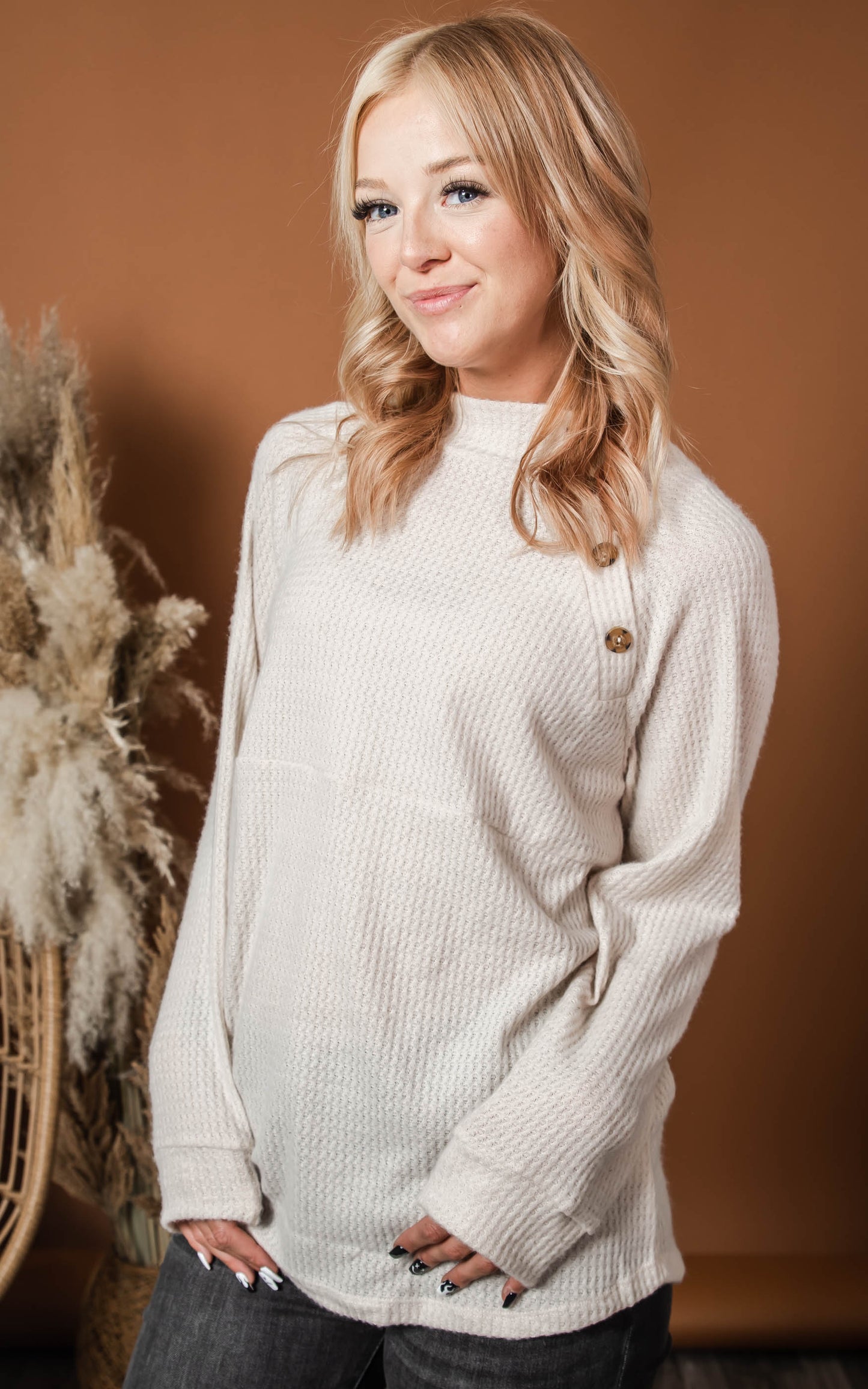 button mock neck waffle top