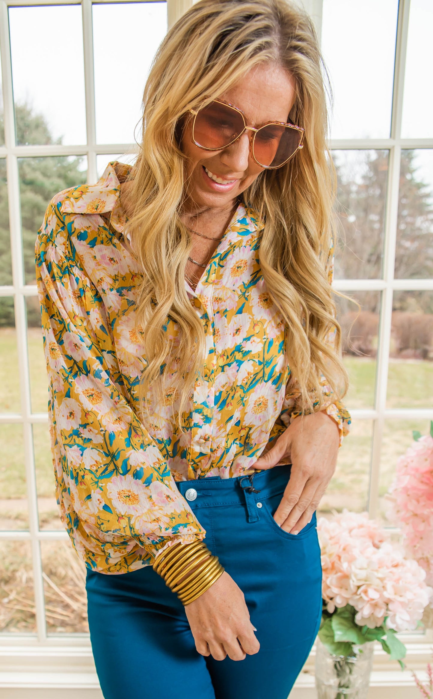 MUSTARD FLORAL BLOUSE TOP