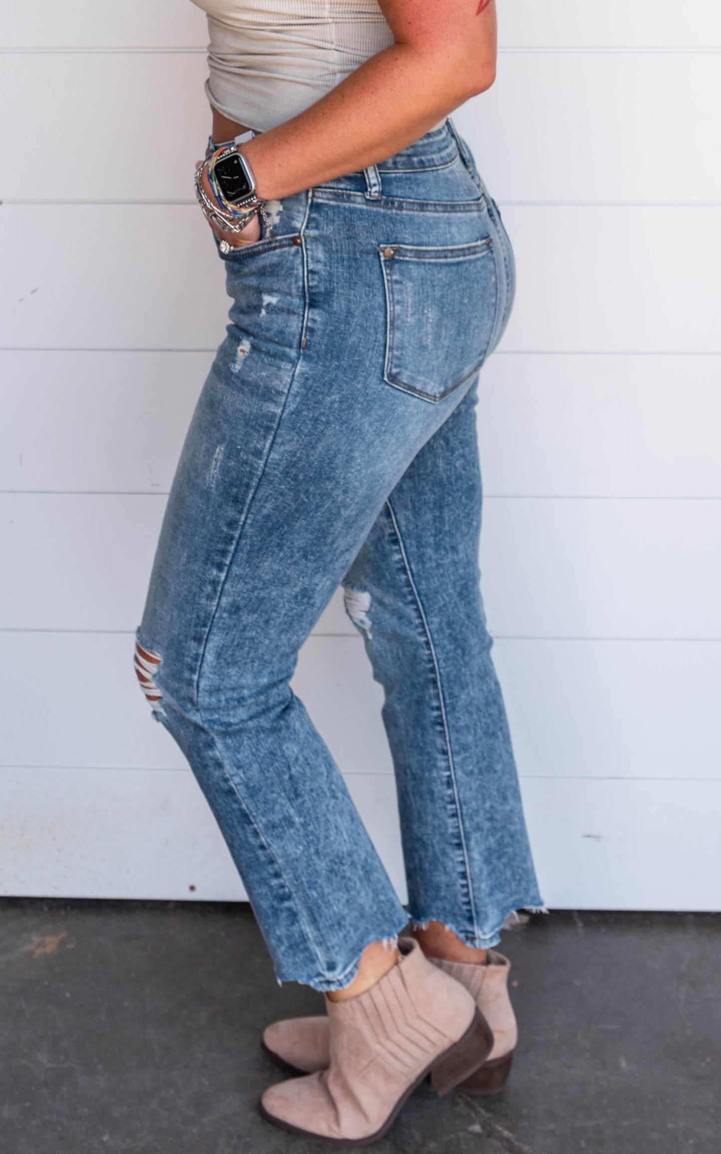 High Waist Cropped Chew Hem Bootcut Denim Jeans- Judy Blue - Final Sale