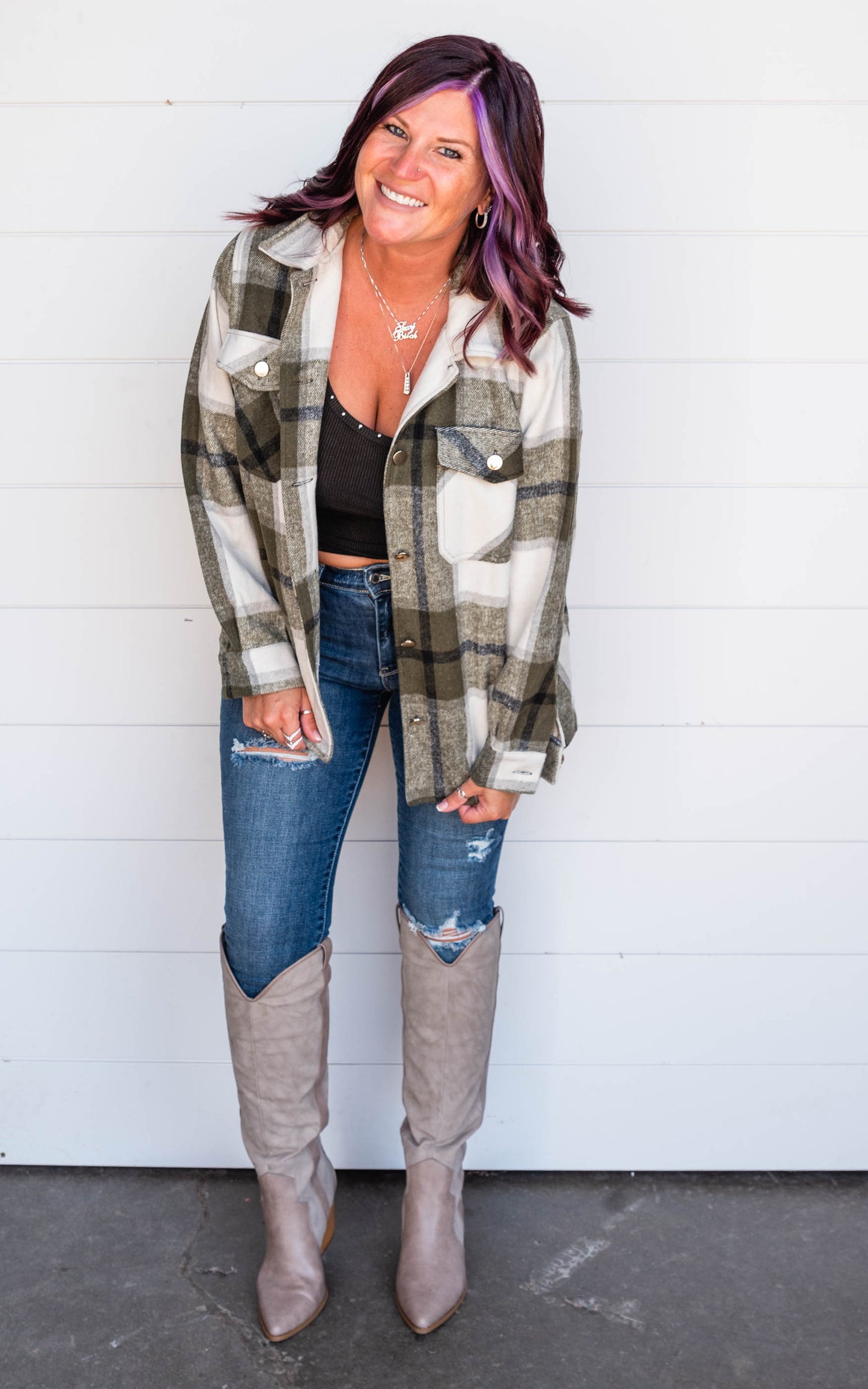 olive plaid shacket 