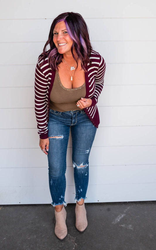 burgundy striped cardigan 