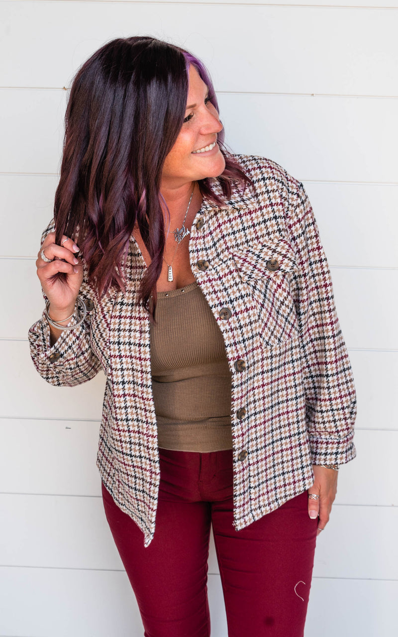 Beige & Burgundy Plaid Shacket