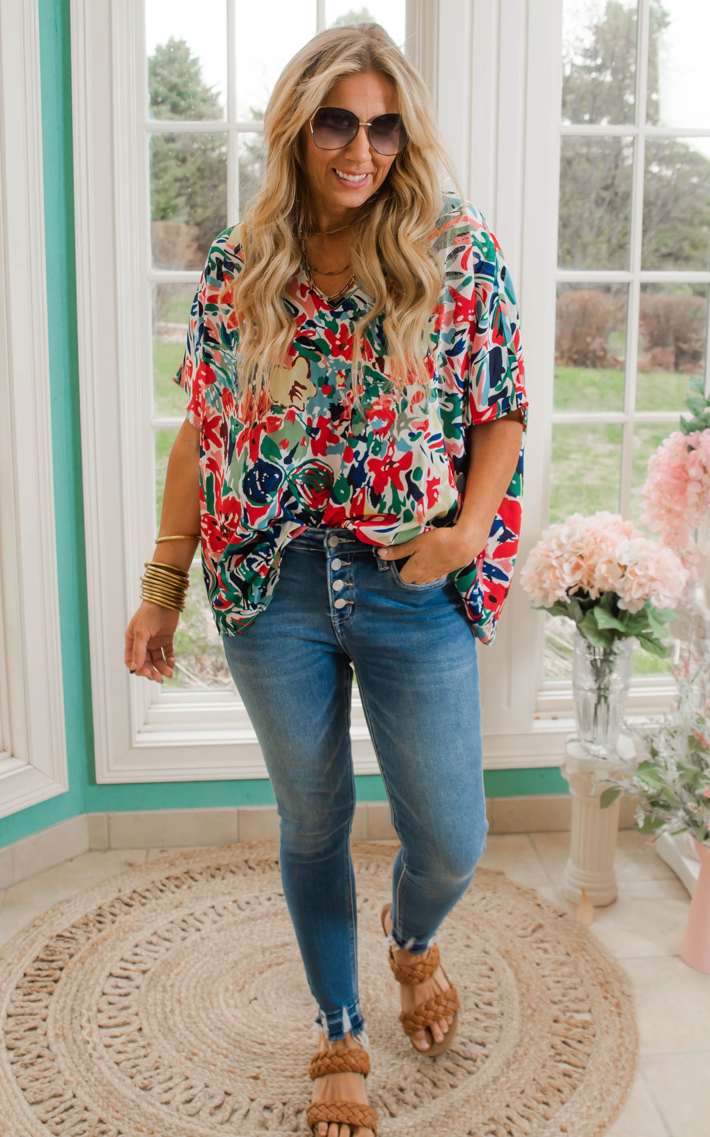 floral oversized v-neck short sleeve blouse 