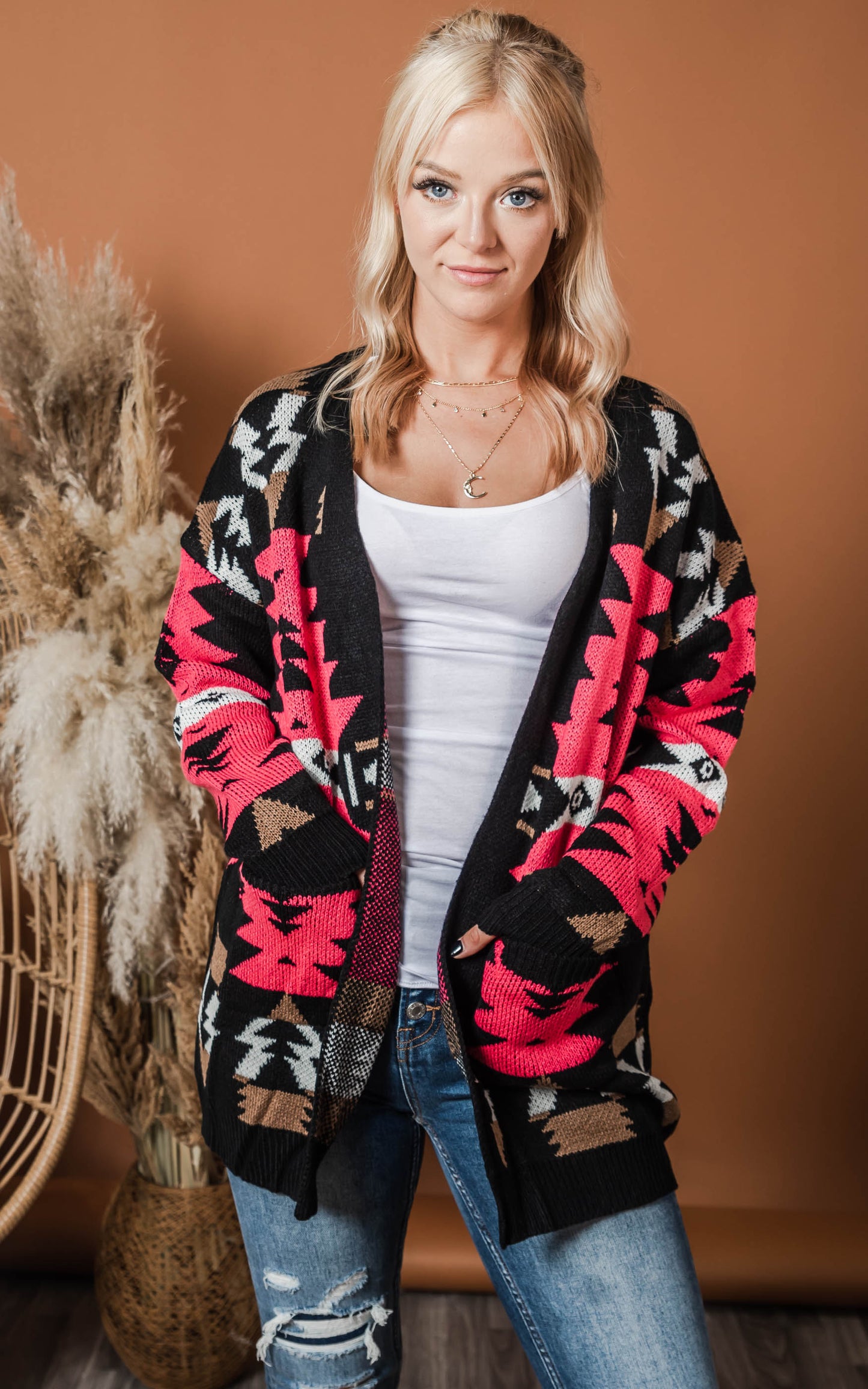 pink black aztec cardigan 