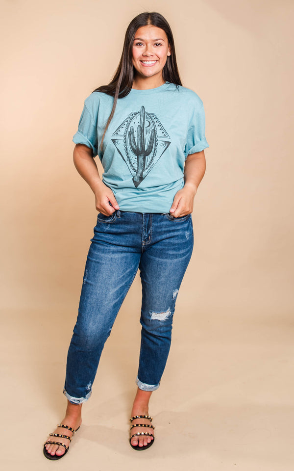 Destin Preorder-Aztec Cactus T-Shirt- Dusty Blue - BAD HABIT BOUTIQUE 