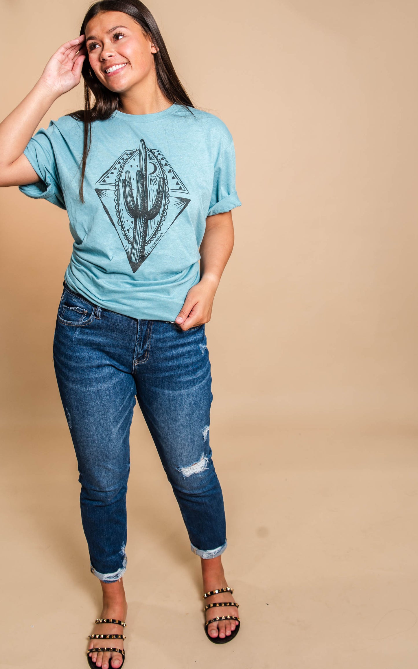 Destin Preorder-Aztec Cactus T-Shirt- Dusty Blue - BAD HABIT BOUTIQUE 