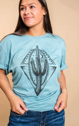 Destin Preorder-Aztec Cactus T-Shirt- Dusty Blue - BAD HABIT BOUTIQUE 