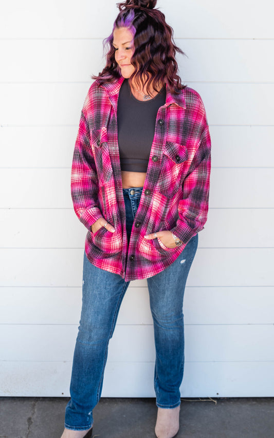 magenta waffle plaid shacket 