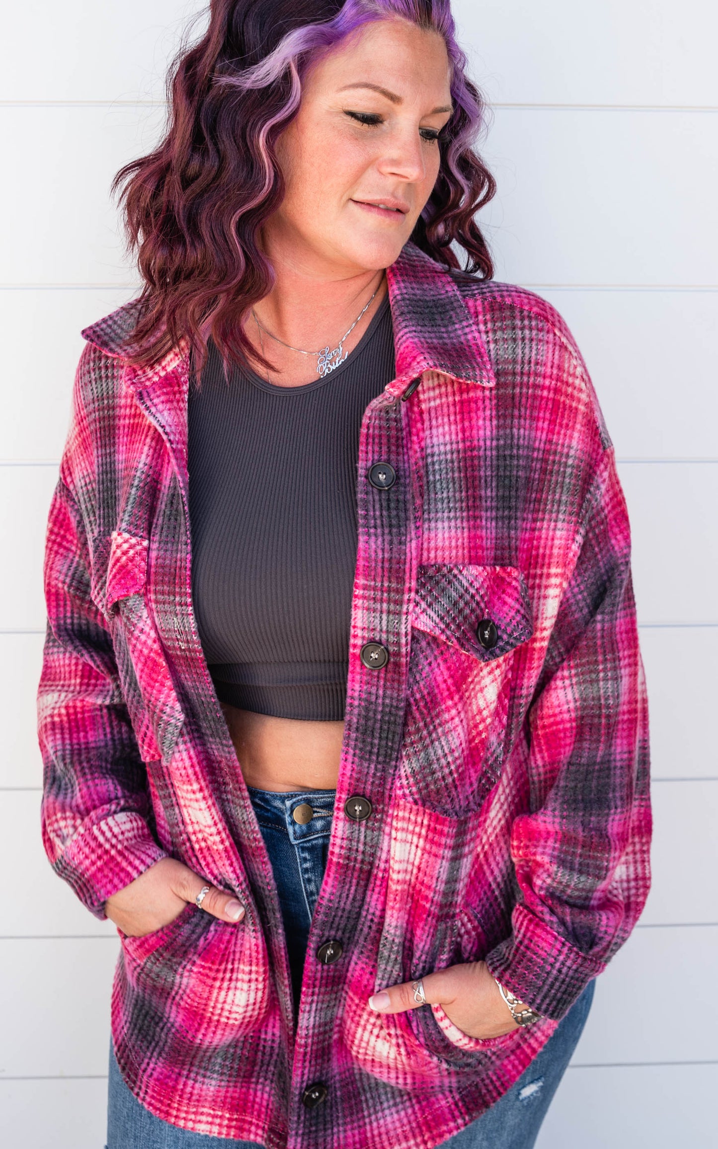 plaid waffle shacket 