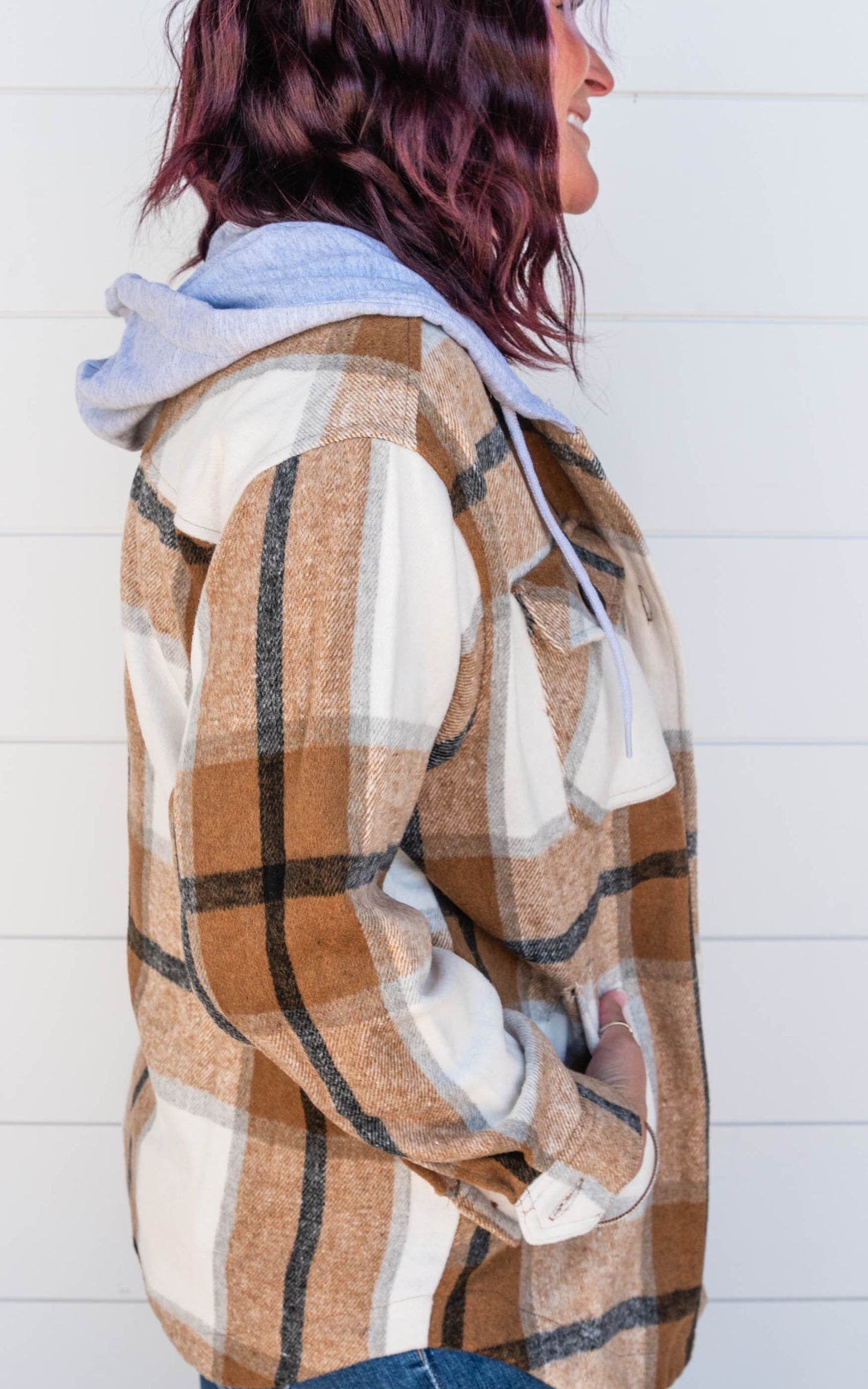 YARN DYED PLAID DRAWSTRING HOODED SHACKET