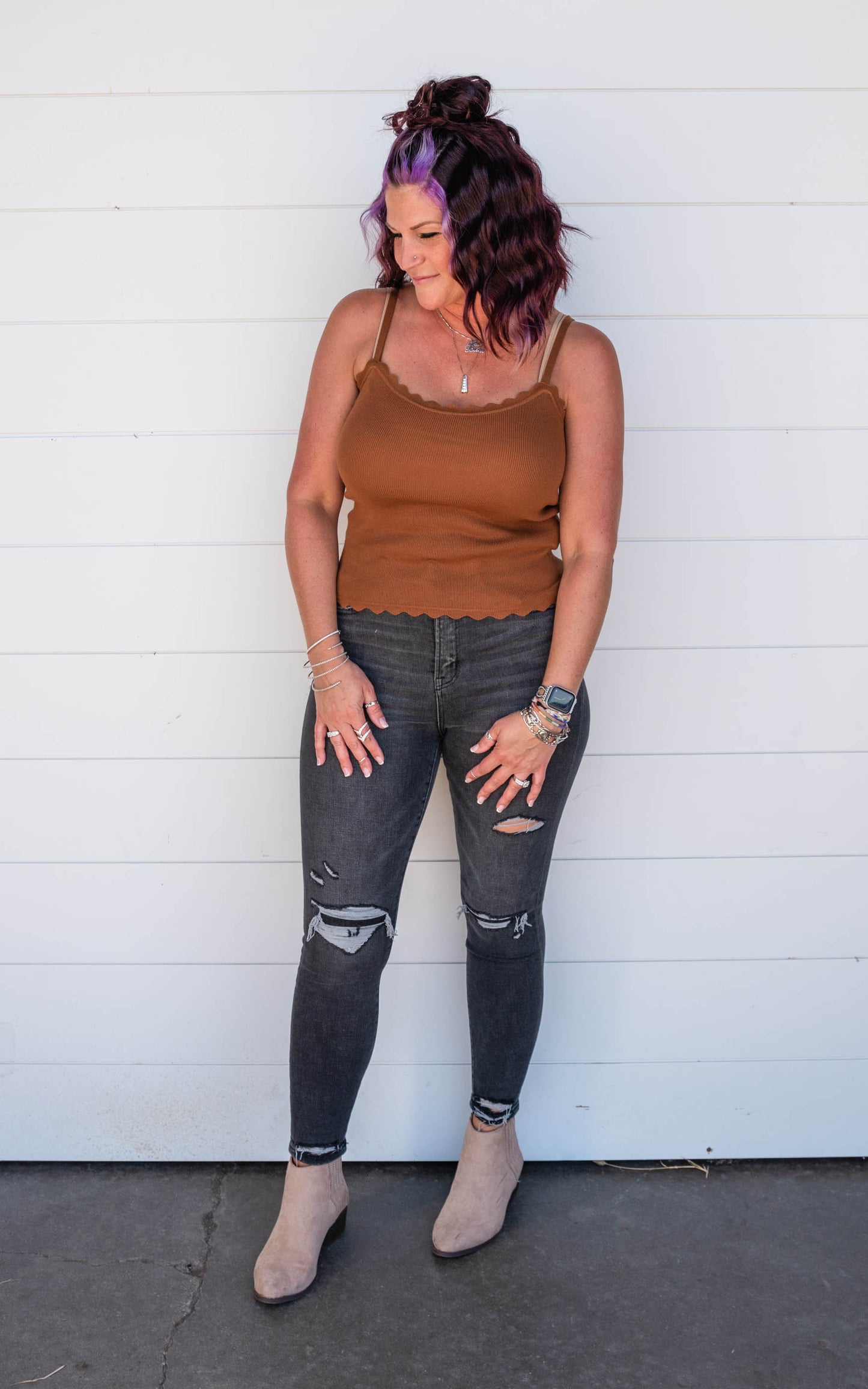 camel scalloped tank top 