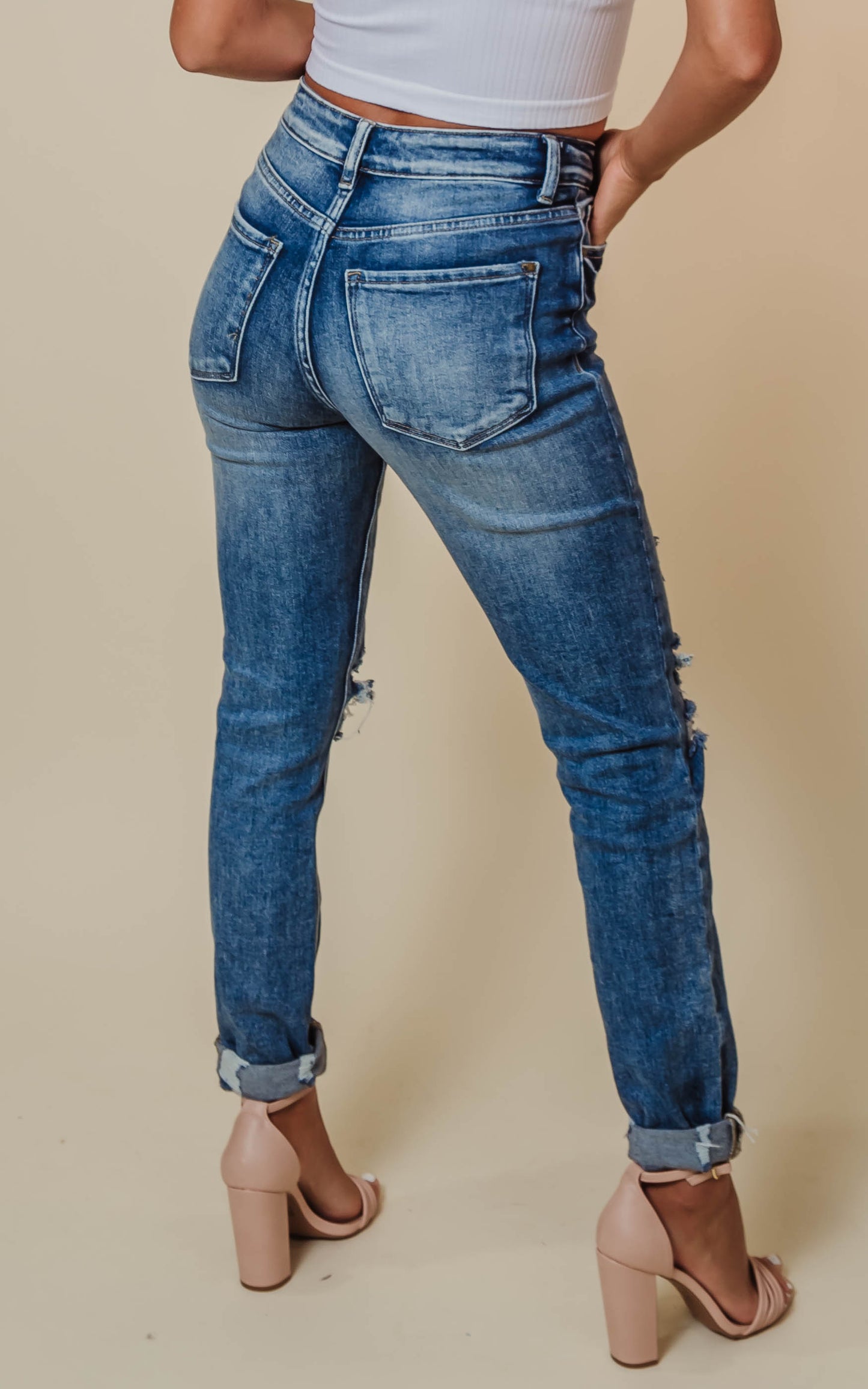 High RIse Distressed Cuffed Ankle Denim Jeans