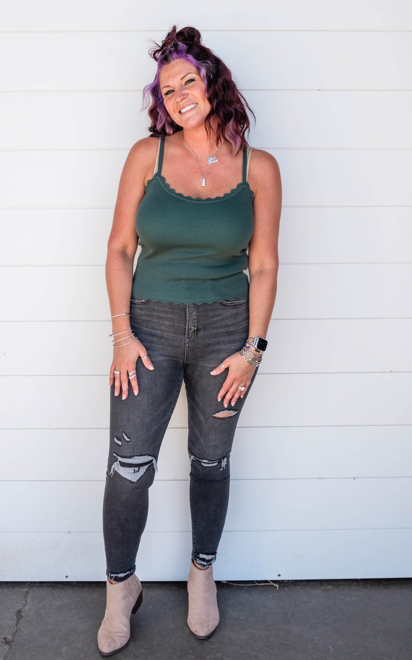 scalloped green tank top 