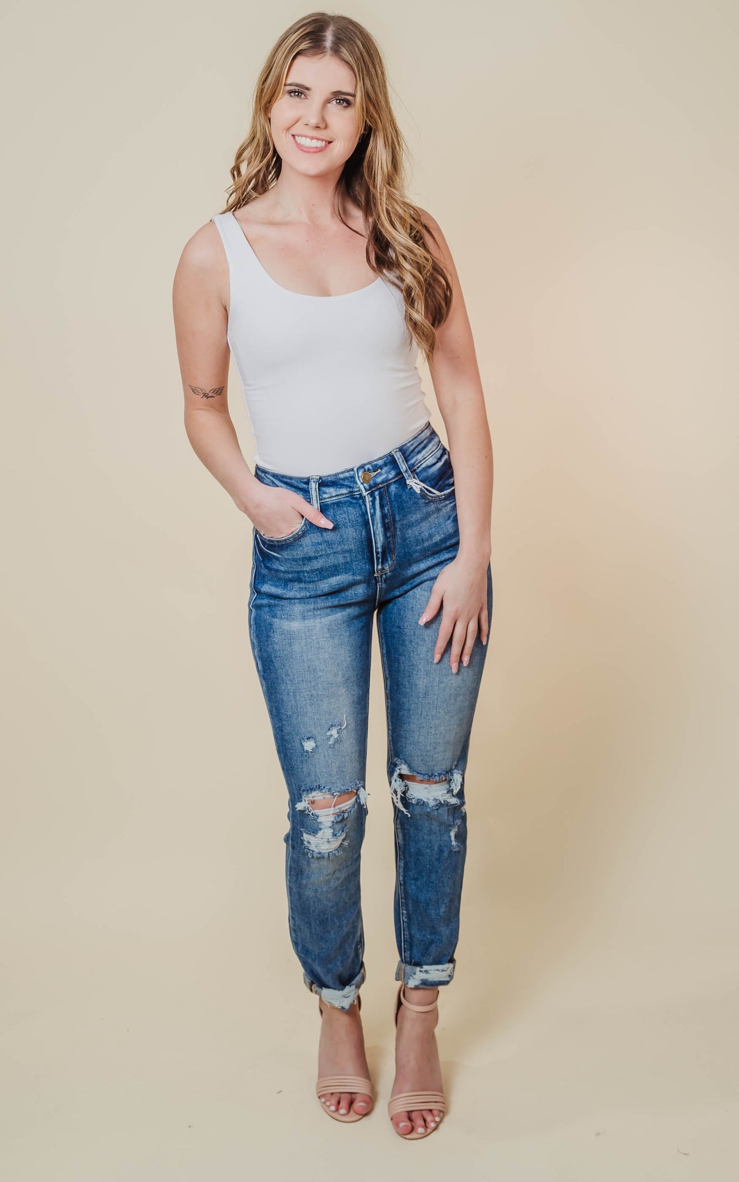 DISTRESSED SUPER HIGH RISE STRETCH MOM JEANS BY Petra - Final Sale