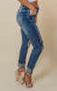 Distressed Mid Rise skinny Jean with cuffed hem