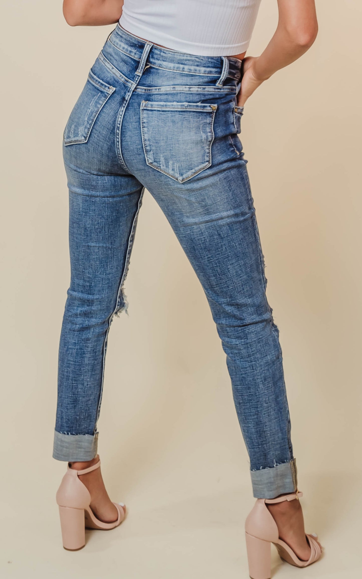 Distressed Mid Rise Cuffed hem Denim Skinny Jeans